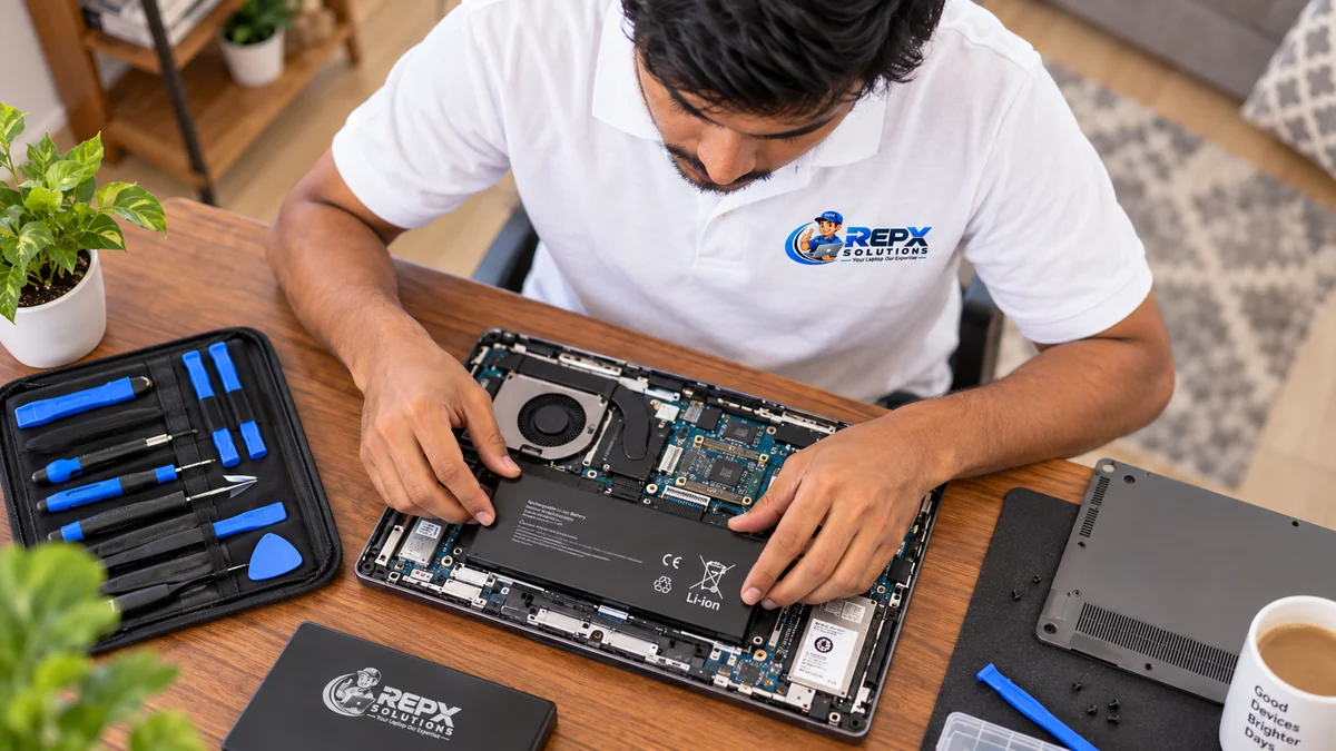 Technician testing laptop battery and charging components