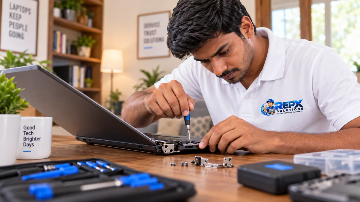 Technician working on laptop hinge and keyboard area