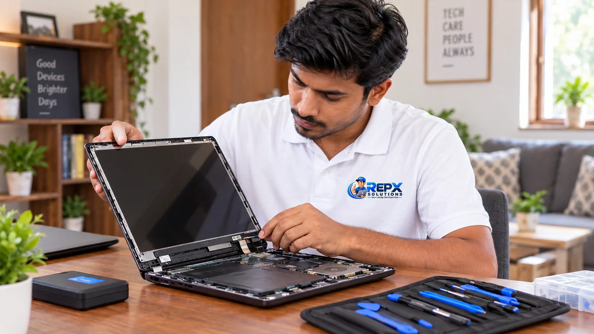 Technician inspecting and replacing a damaged laptop screen