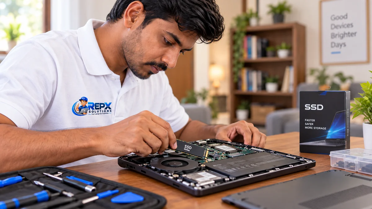 Technician upgrading SSD or other internal laptop hardware